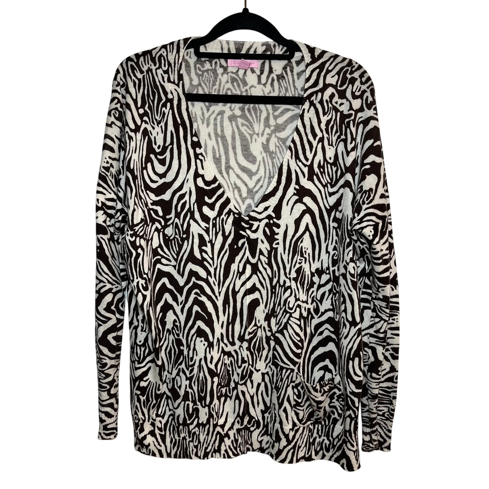 Lilly Pulitzer Brown Zebra V-Neck Sweater Size Small Preppy Y2K Animal Print - Picture 2 of 10